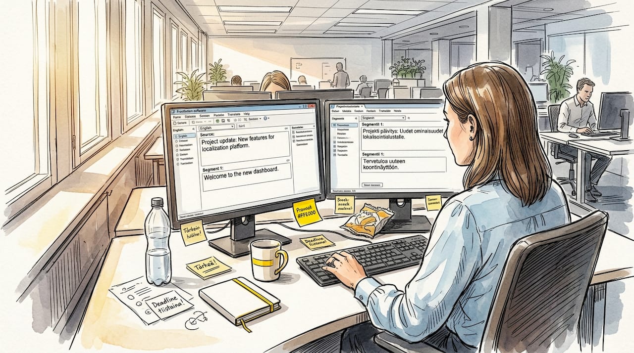 Kielenkääntäjä viimeistelee tekstipätkiä työpöydän ääressä toimistolla.