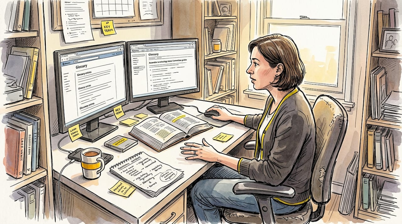 Translator researching Basel terminology sources