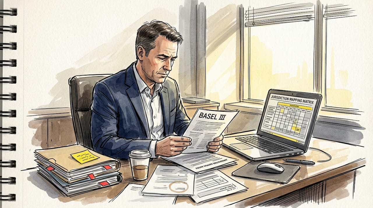Compliance manager reviewing Basel document