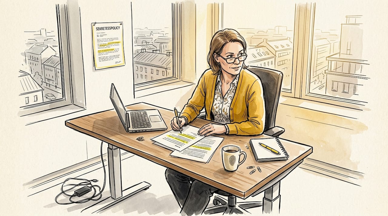 En kvinna sitter på sitt kontor och går noggrant igenom GDPR-relaterade dokument.