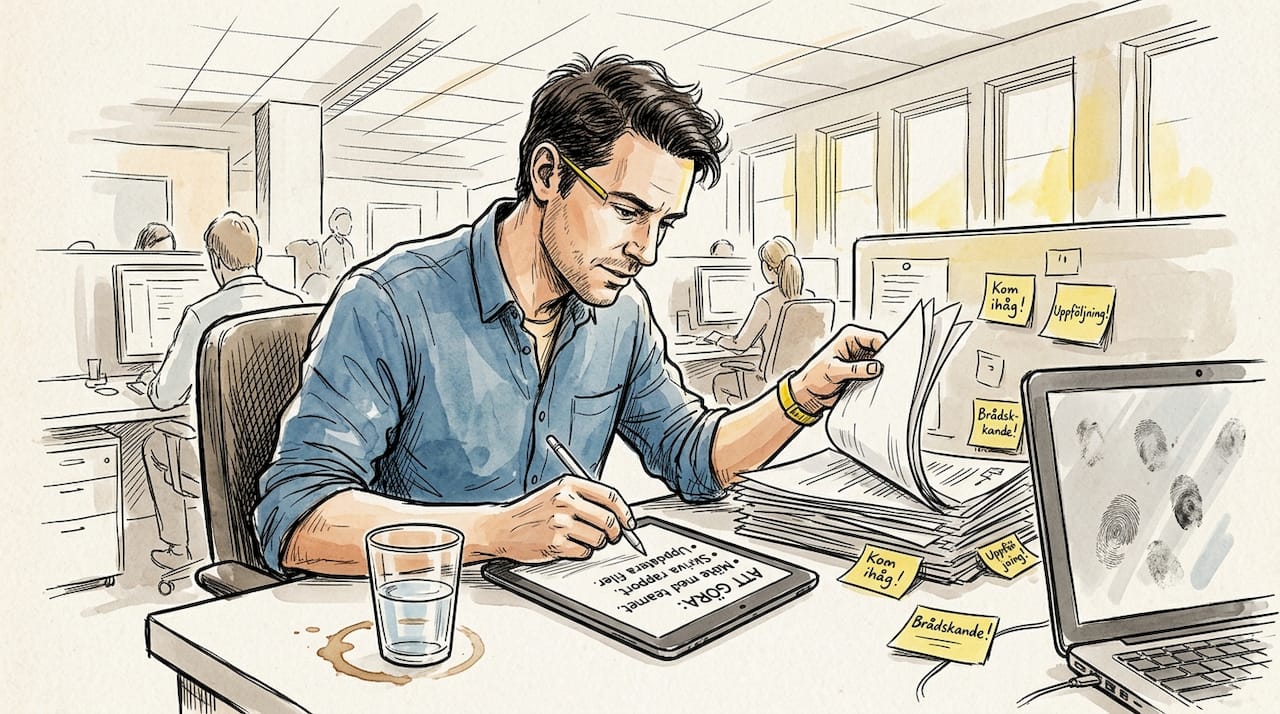 Vid skrivbordet går man igenom dokument och checklista noggrant.