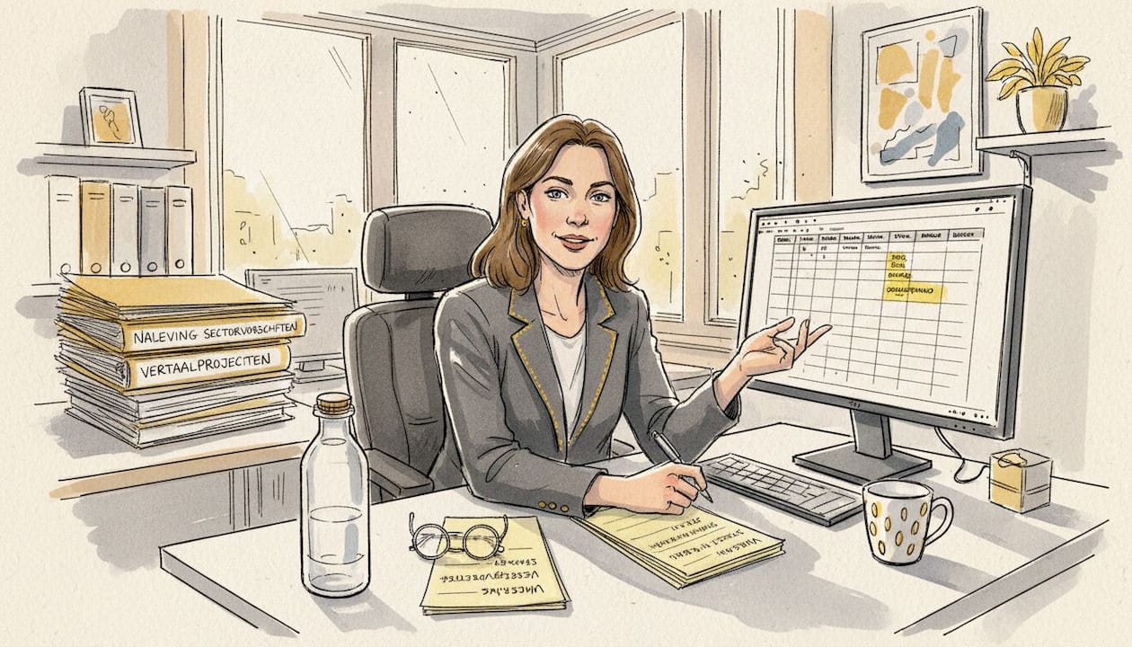 Een manager bekijkt aan zijn bureau de voortgang van vertaalprojecten.