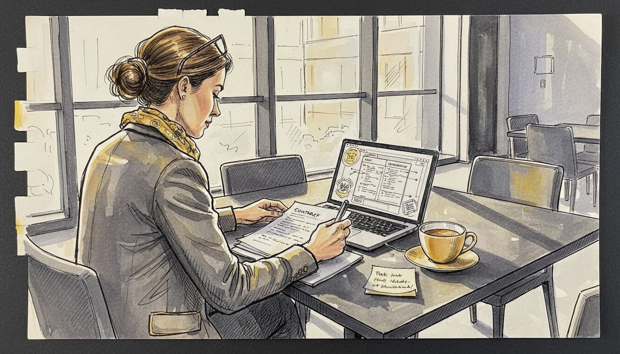 En compliance-specialist sidder ved mødebordet og gennemgår kontrakten grundigt.