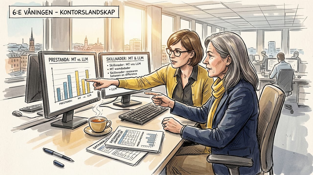 På kontoret pratar kollegorna om maskinöversättning och stora språkmodeller.