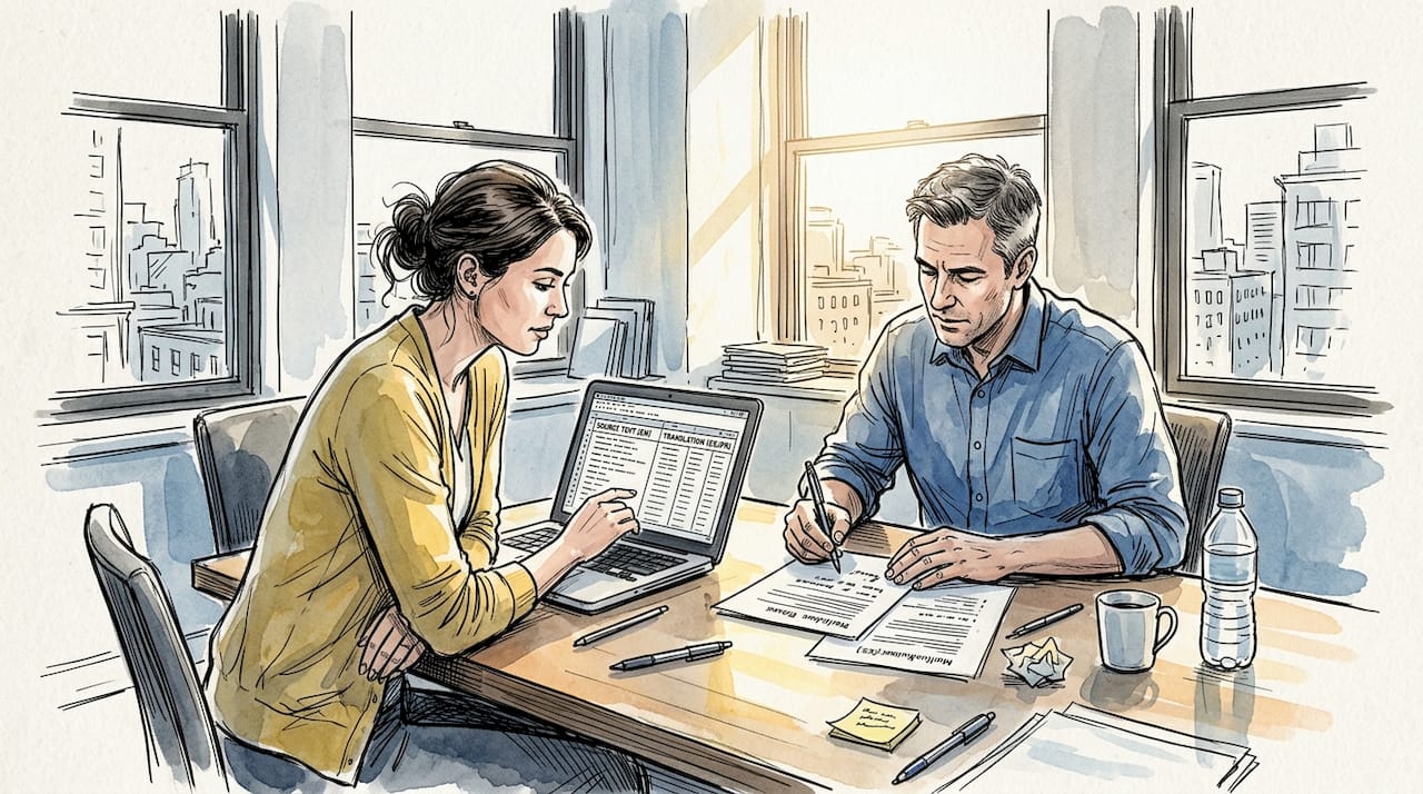 Business team reviewing multilingual documents at conference table
