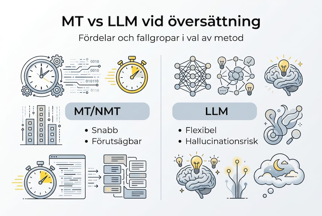 En överskådlig guide som visar skillnaderna mellan maskinöversättning och stora språkmodeller