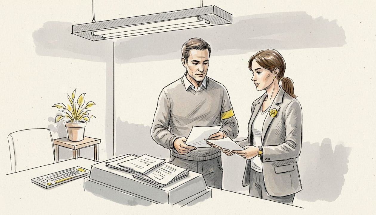 Op kantoor verzamelen collega's zich bij de scanner om documenten met elkaar te delen.