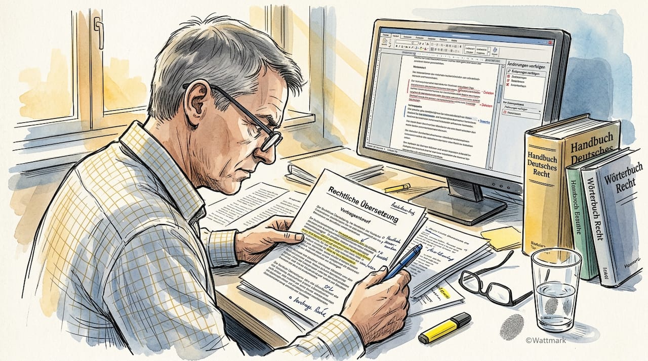 Ein Lektor prüft die gedruckte Fassung einer deutschen Rechtsübersetzung auf Genauigkeit und sprachliche Korrektheit.