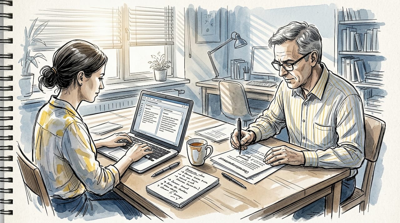 Übersetzer arbeiten gemeinsam an einem großen Schreibtisch im Coworking-Bereich.