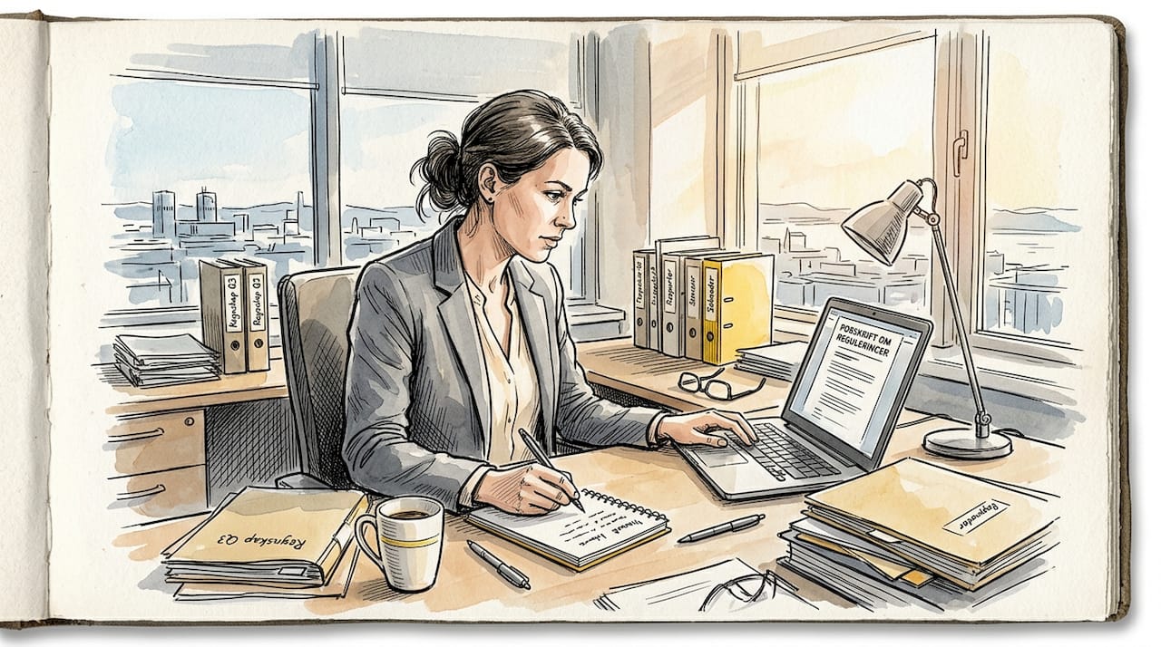 En fagperson går nøye gjennom et samsvarsdokument på kontoret.