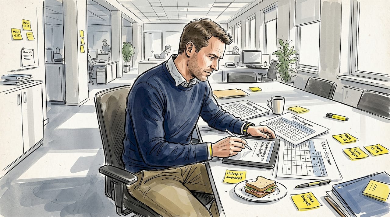 Leder oppdaterer arbeidsflytsdiagrammet og legger inn RACI-roller for å tydeliggjøre ansvar og oppgaver.