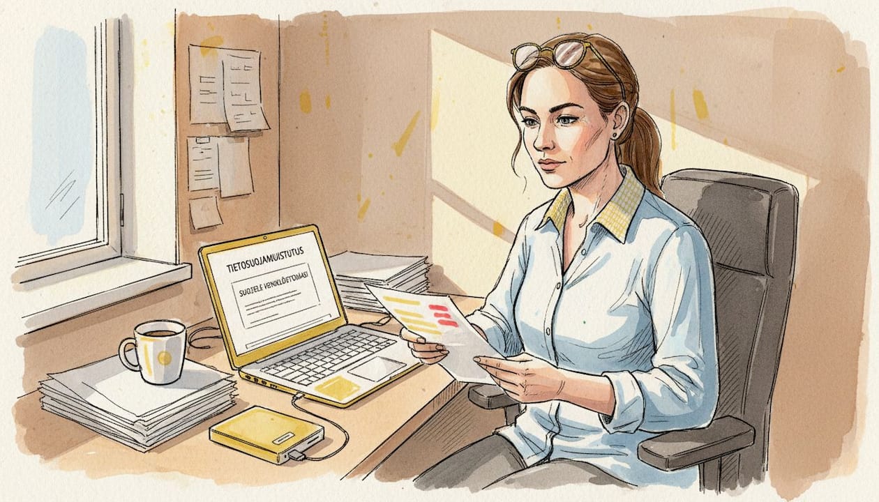 Kääntäjä tarkistaa asiakirjaa varmistaakseen tietosuojan toteutumisen.