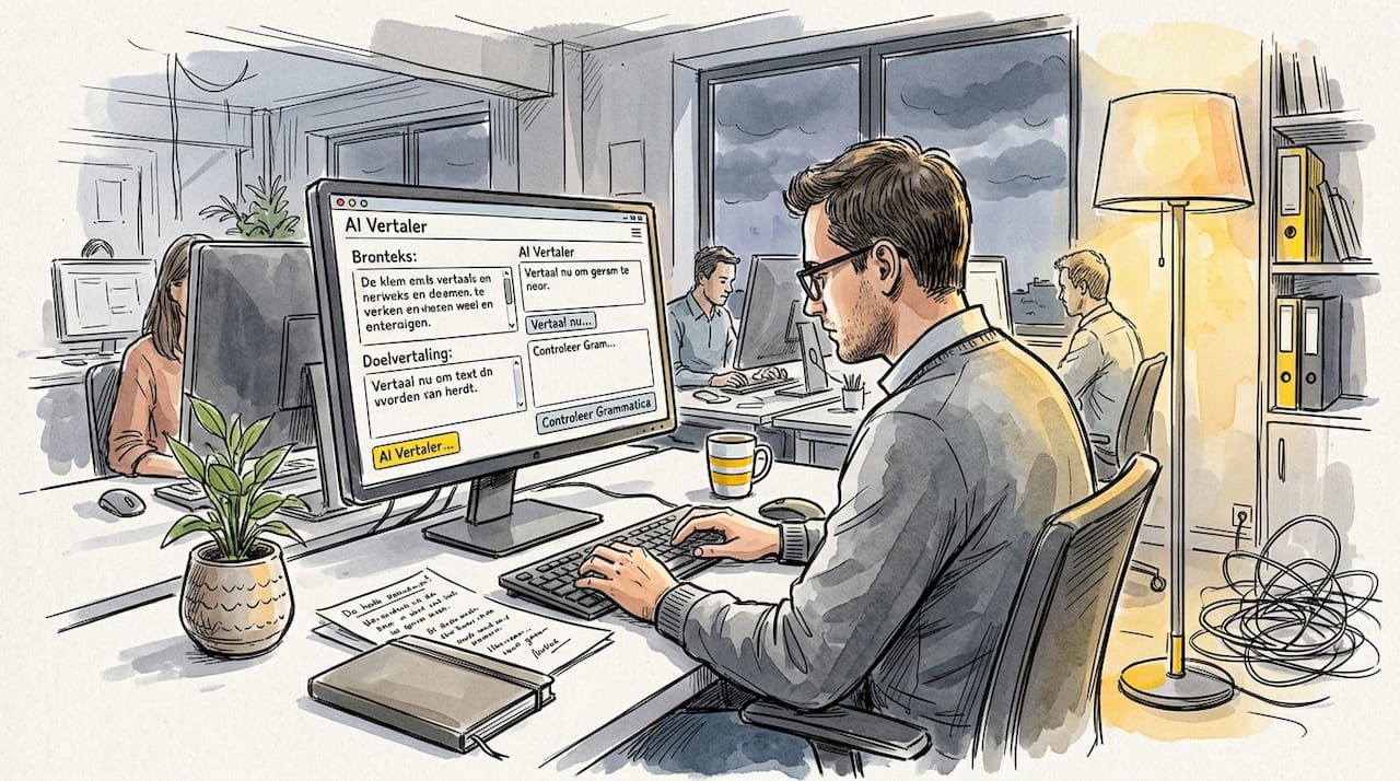 Een collega zet op kantoor een AI-vertaalprogramma in om teksten snel en efficiënt om te zetten naar andere talen.