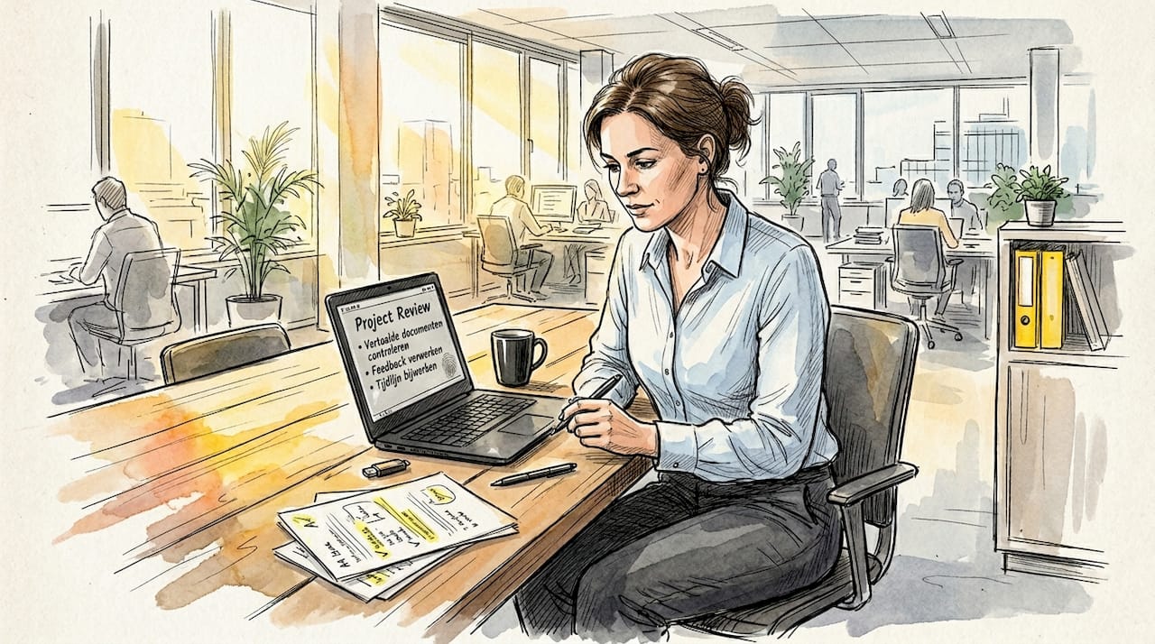 De projectmanager loopt de vertaalde documenten op kantoor nog eens goed na.