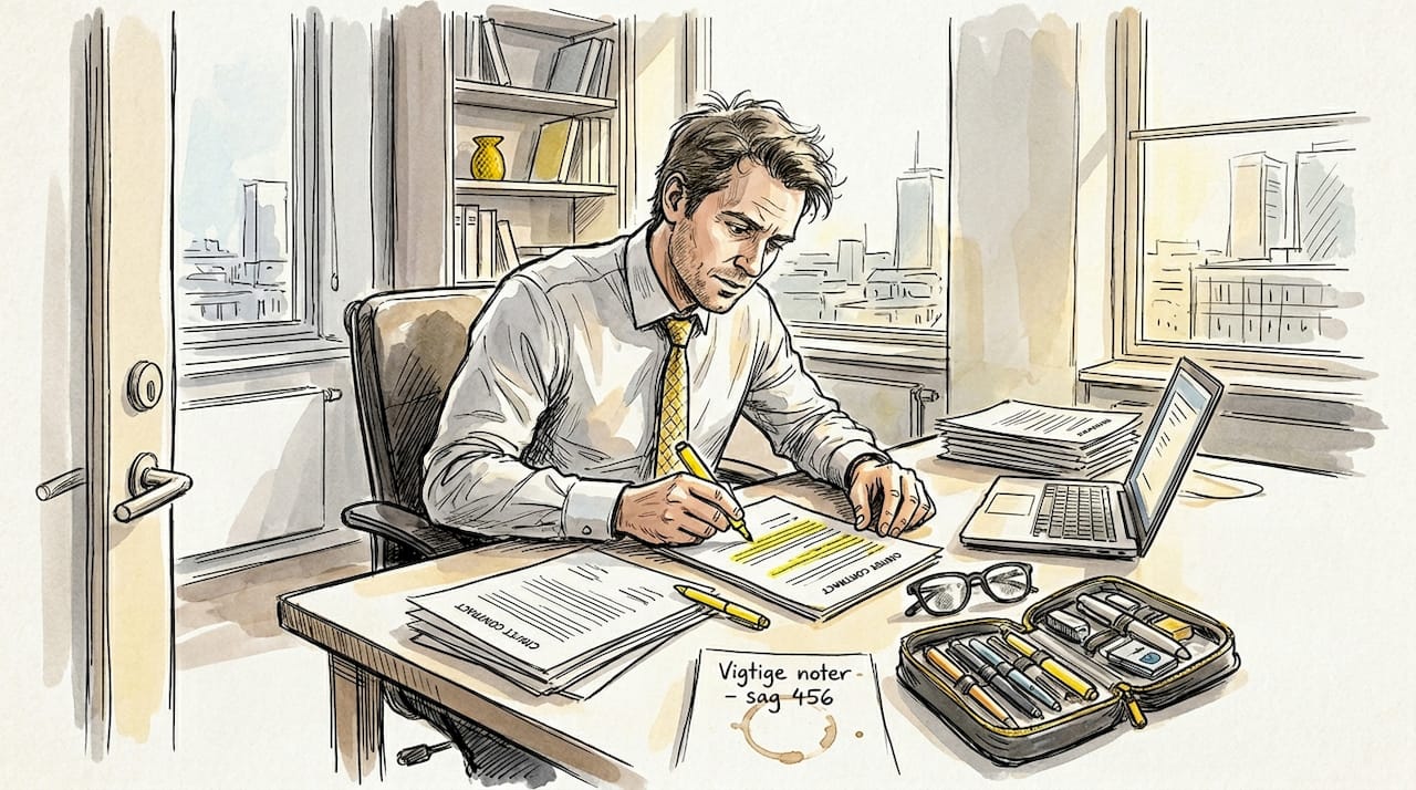 En jurist sidder på sit hjørnekontor og nærlæser GDPR-papirer.