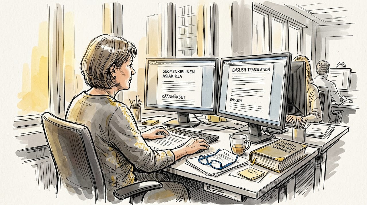 Kääntäjä vertailee tekstejä työpöytänsä ääressä