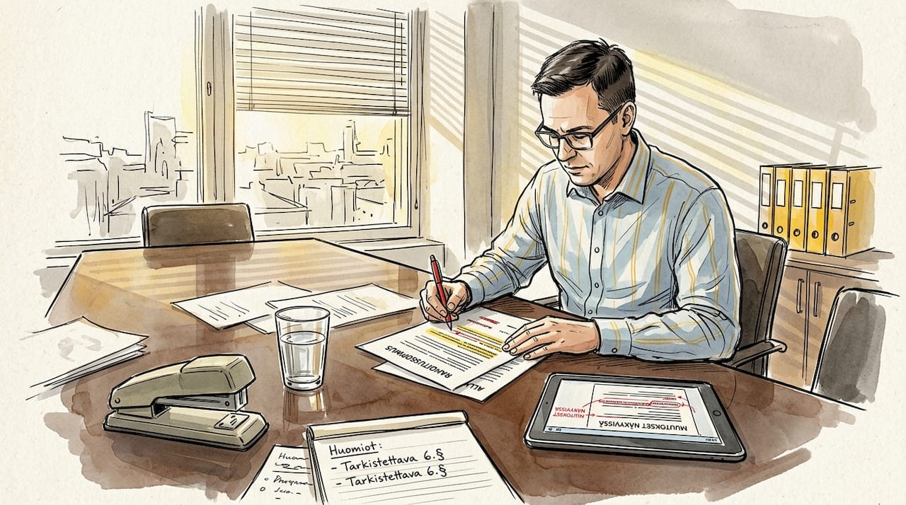 Talousasiantuntija käy läpi paperisen sopimuksen kohtia.