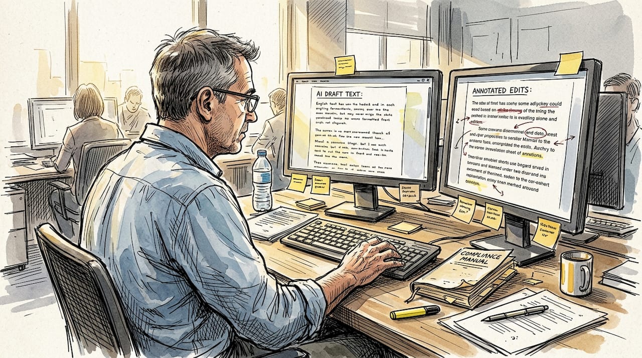 Translator editing AI-generated text at desk