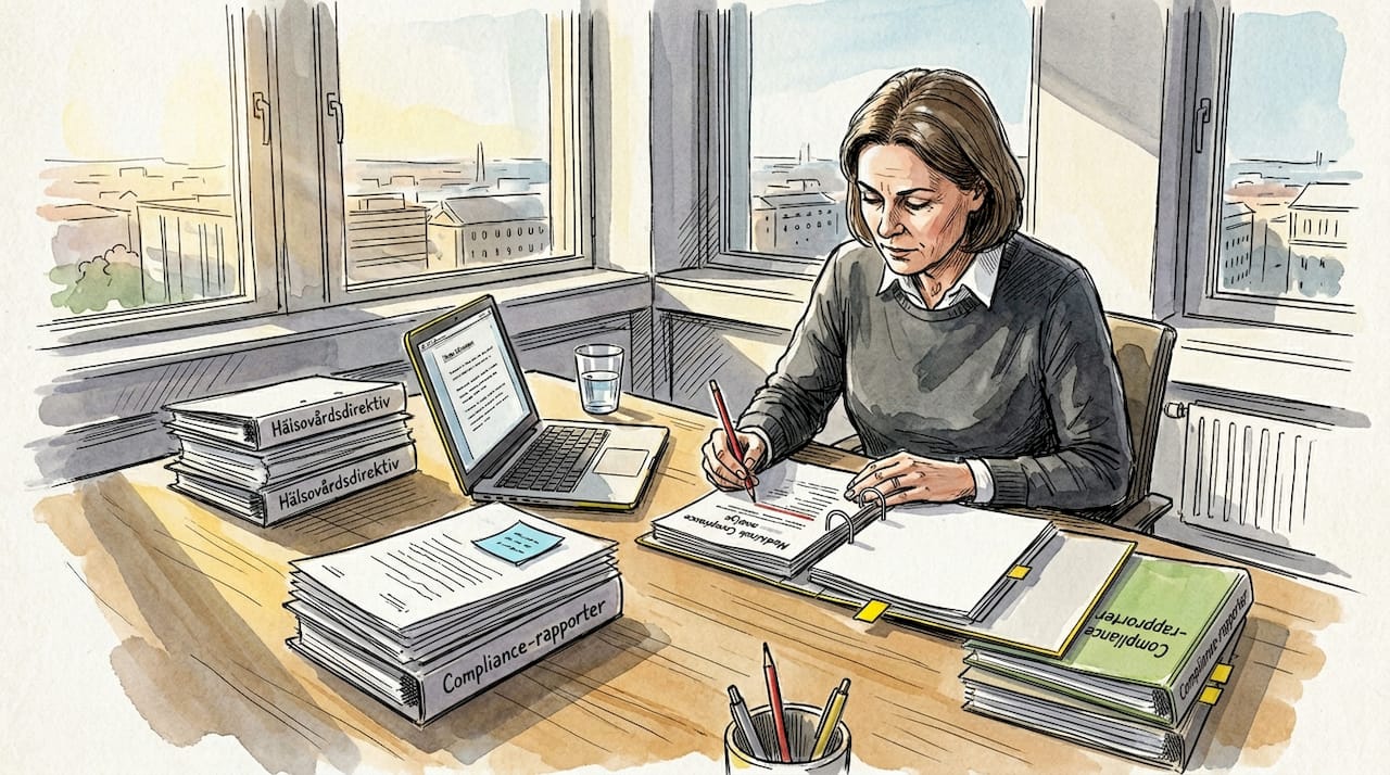 En compliance-expert går noggrant igenom dokument på sitt kontor.