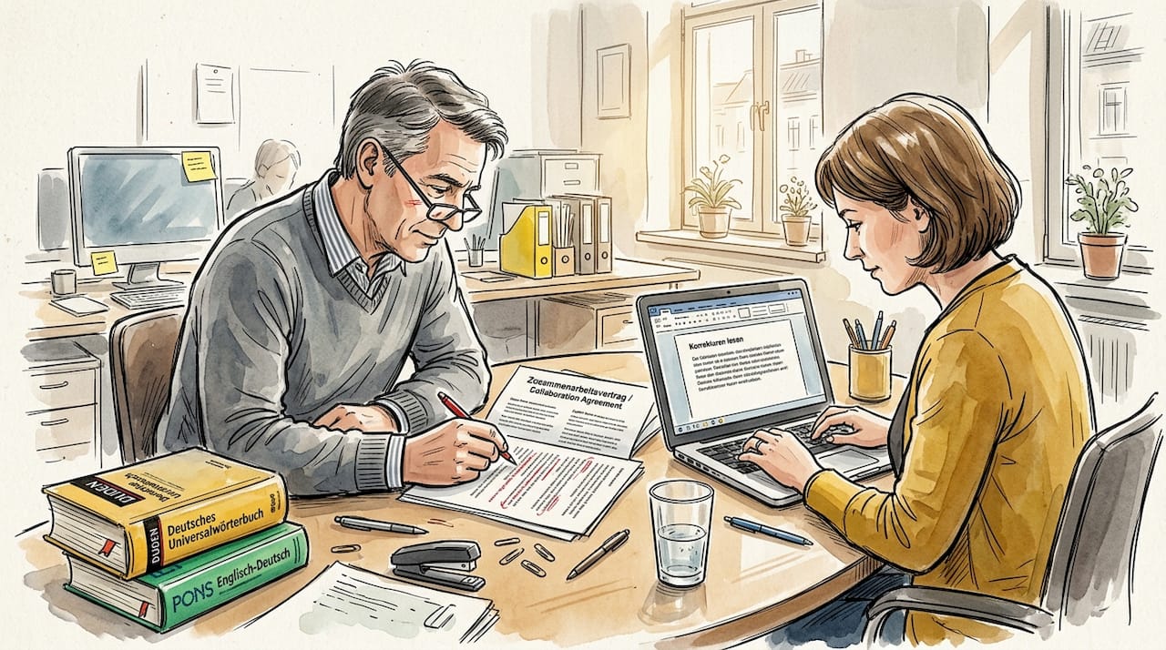 Das Team überprüft die Übersetzung sorgfältig und zieht dabei alle relevanten Referenzunterlagen hinzu.