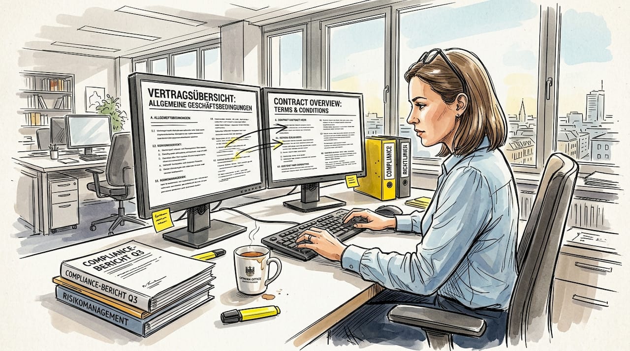 Ein Compliance-Beauftragter prüft am Schreibtisch sorgfältig Übersetzungsunterlagen.