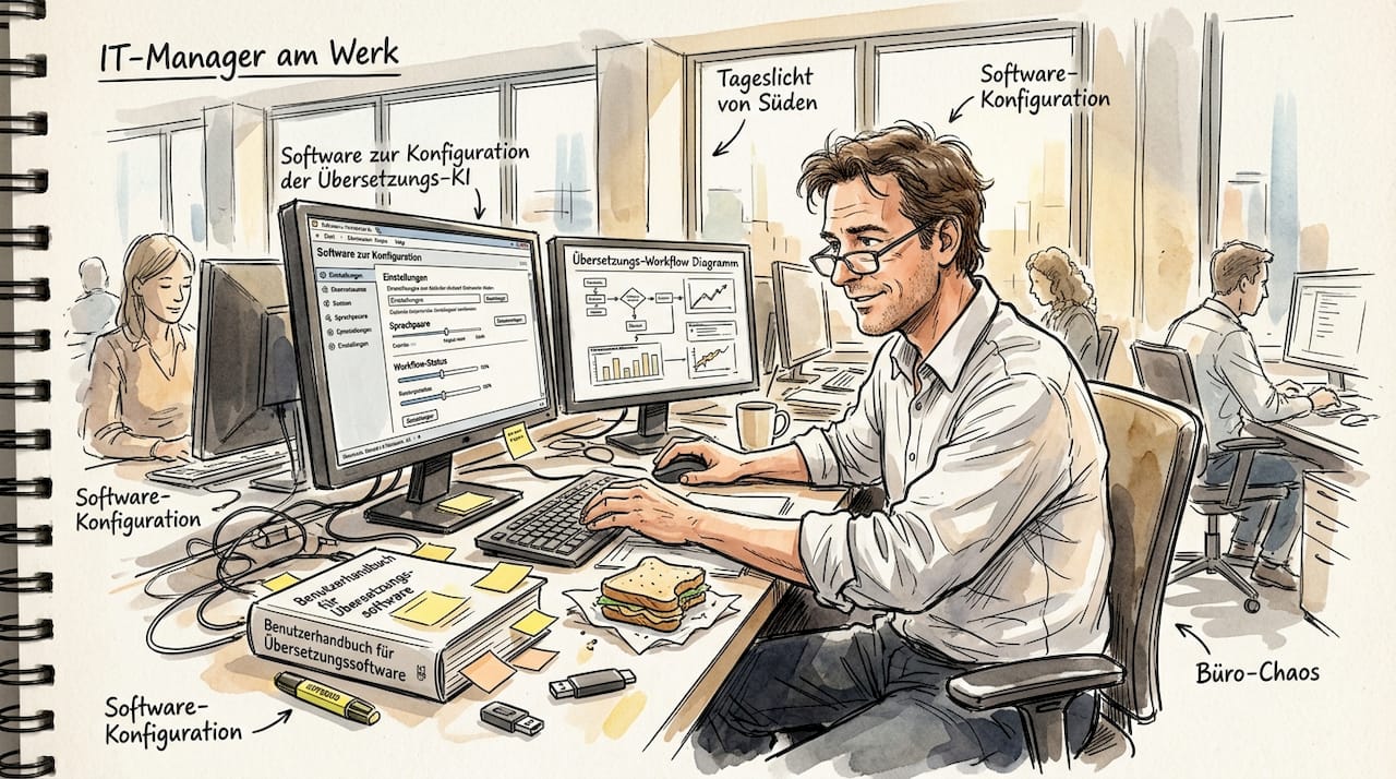 Ein IT-Manager richtet an seinem Arbeitsplatz einen effizienten Übersetzungsprozess ein.