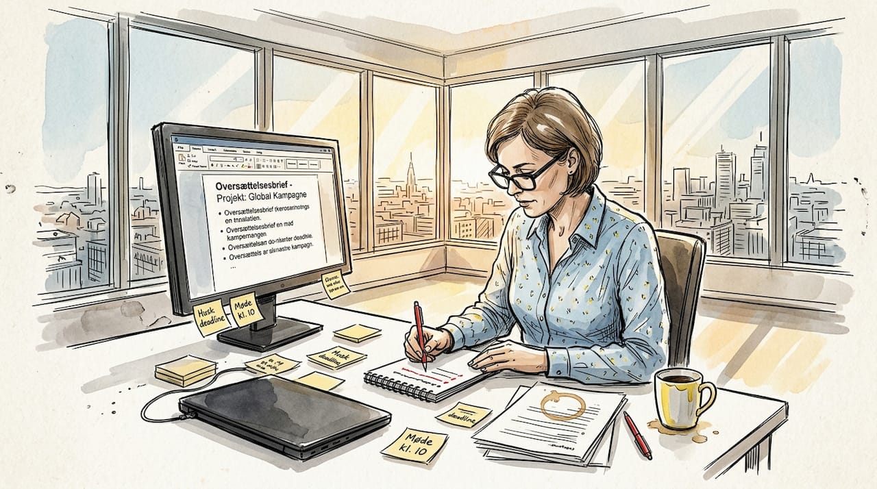 En leder gennemgår briefen til en oversættelsesopgave på sit kontor