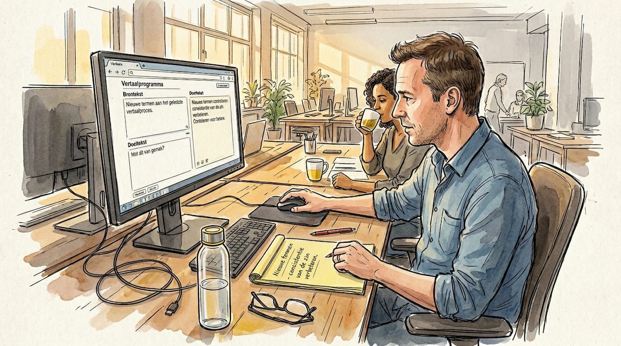 Medewerker coƶrdineert het samenspel tussen AI-vertalingen en menselijke expertise.