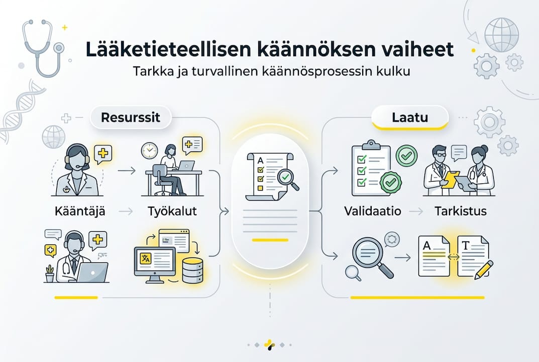 Havainnollistava kuva lääkinnällisen käännösprosessin eri vaiheista