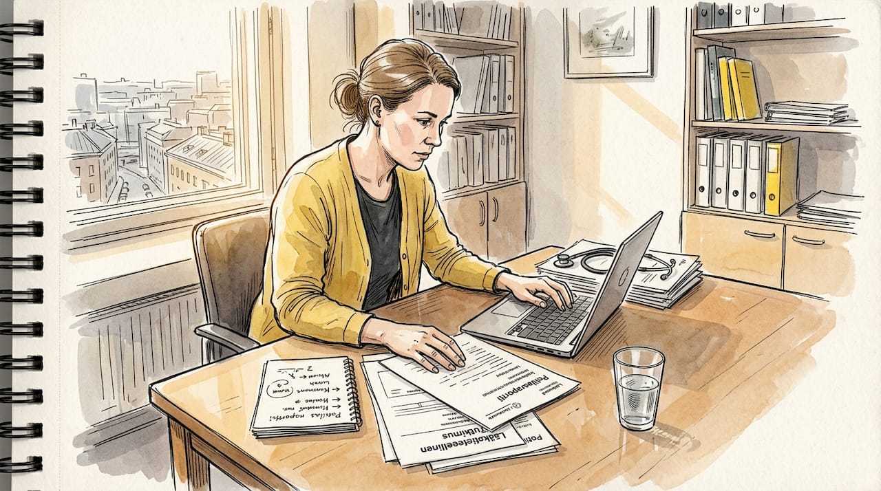 Alan asiantuntija tarkastaa lääketieteellisen käännösraportin huolellisesti varmistaakseen sisällön oikeellisuuden ja laadun.