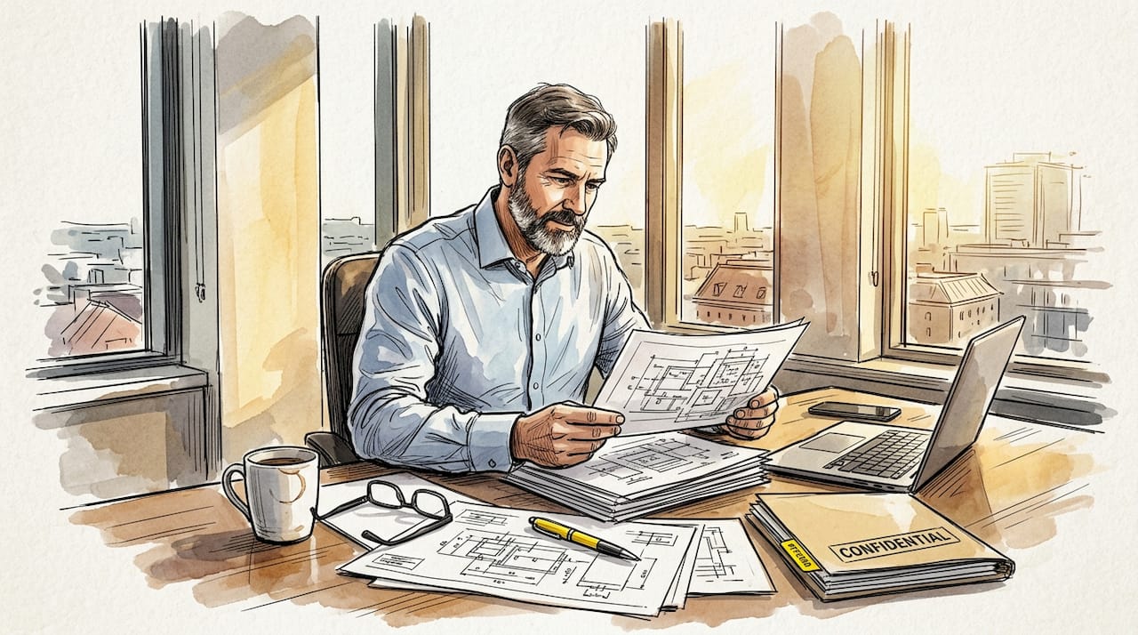 Compliance officer reading technical documents in office