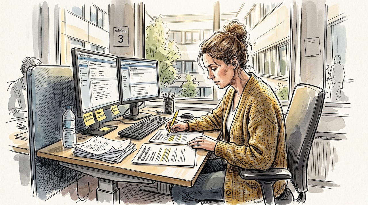 En medicinsk facköversättare sitter på sitt kontor och går noggrant igenom dokument vid skrivbordet.