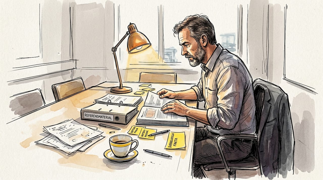 En äldre man går noggrant igenom sina medicinska papper och anteckningar för att försäkra sig om att allt stämmer.