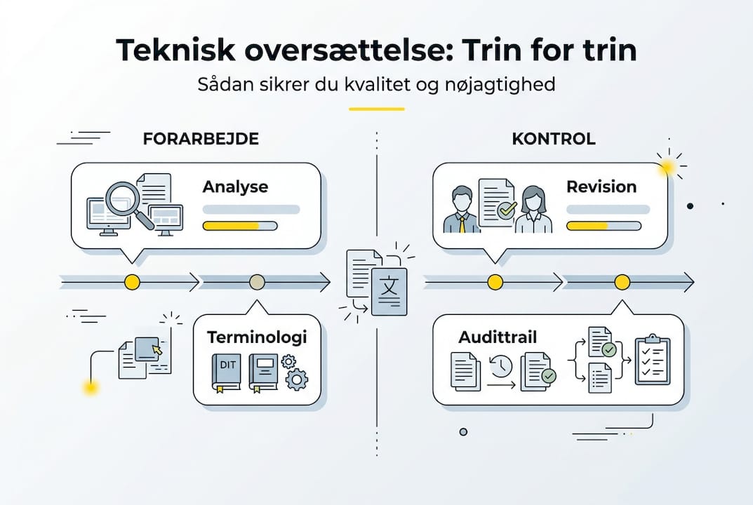 Grafisk overblik over de vigtigste faser i teknisk oversættelse