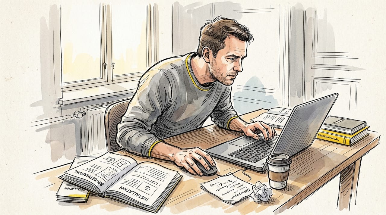 En oversætter sidder og arbejder i et lyst og indbydende hjemmekontor, omgivet af noter og papirer.