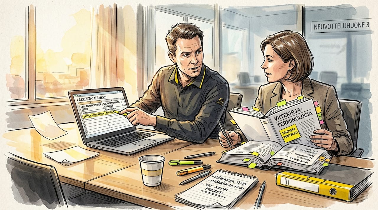 Kääntäjä ja arvioija työskentelevät yhdessä neuvottelupöydän ääressä