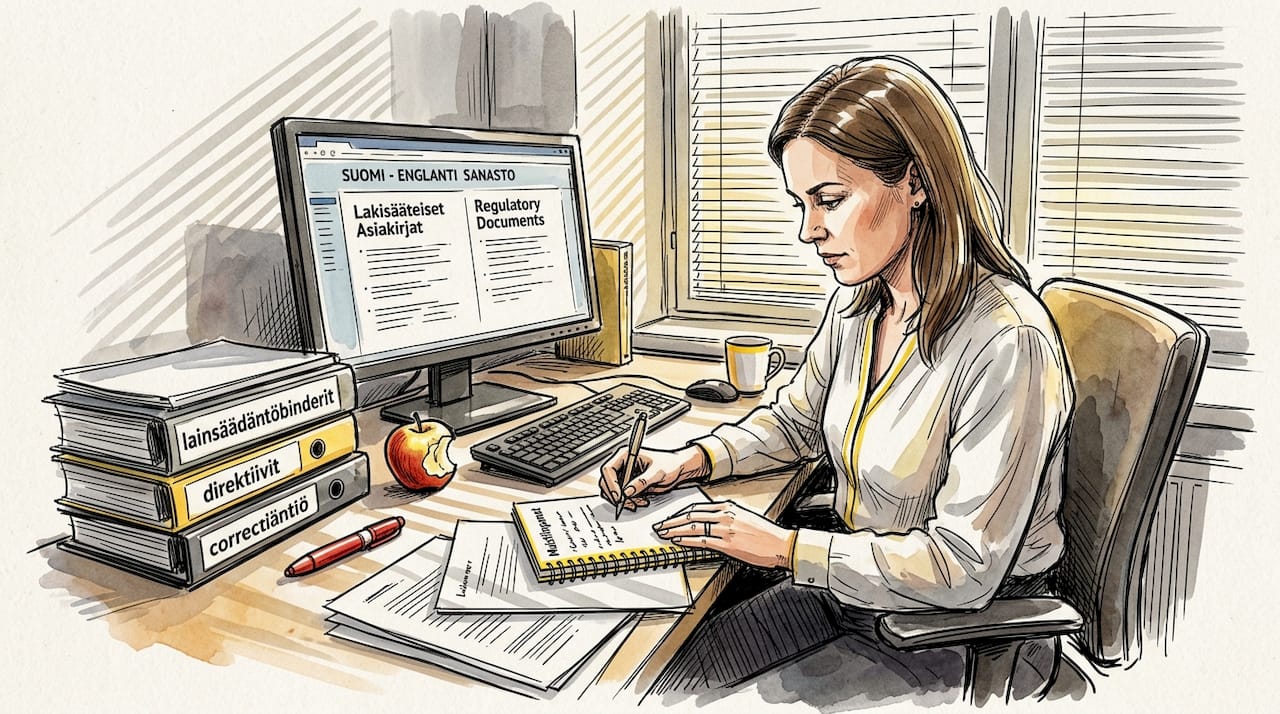 Kääntäjä tarkistaa virallisia asiakirjoja työpöytänsä äärellä.