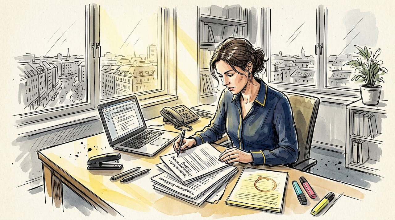 Ein Compliance-Experte prüft die Einhaltung gesetzlicher Vorgaben und bewertet relevante Unterlagen.