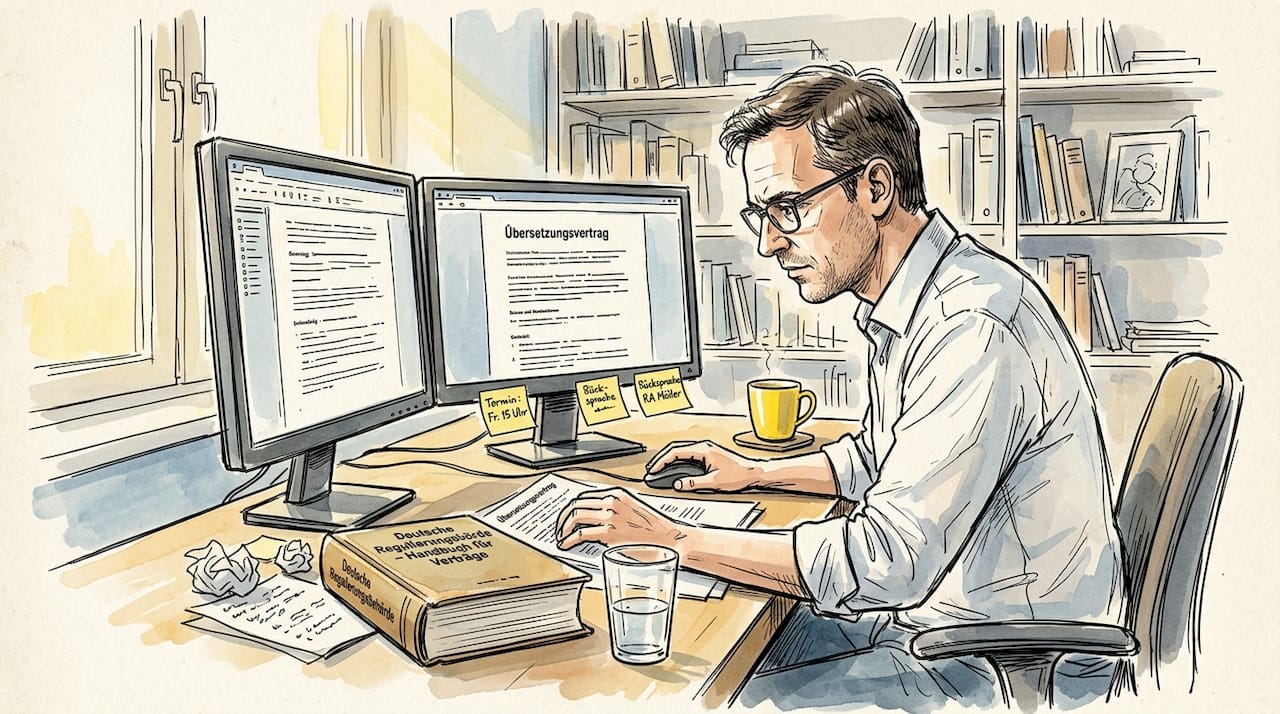 Fachübersetzer prüft die Übersetzung eines regulatorischen Vertrags