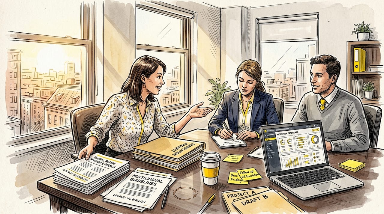 Team collaborating on translation project in office