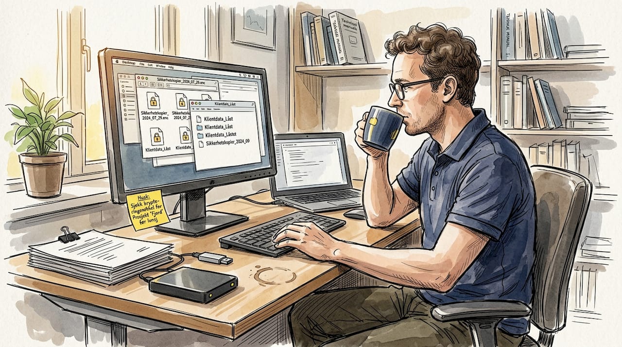 IT-ekspert som sikrer filer med kryptering på hjemmekontoret