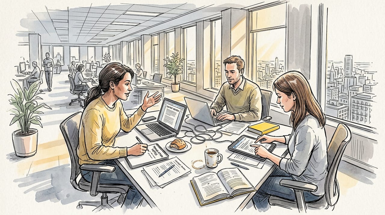 Language specialists collaborating with laptops in office