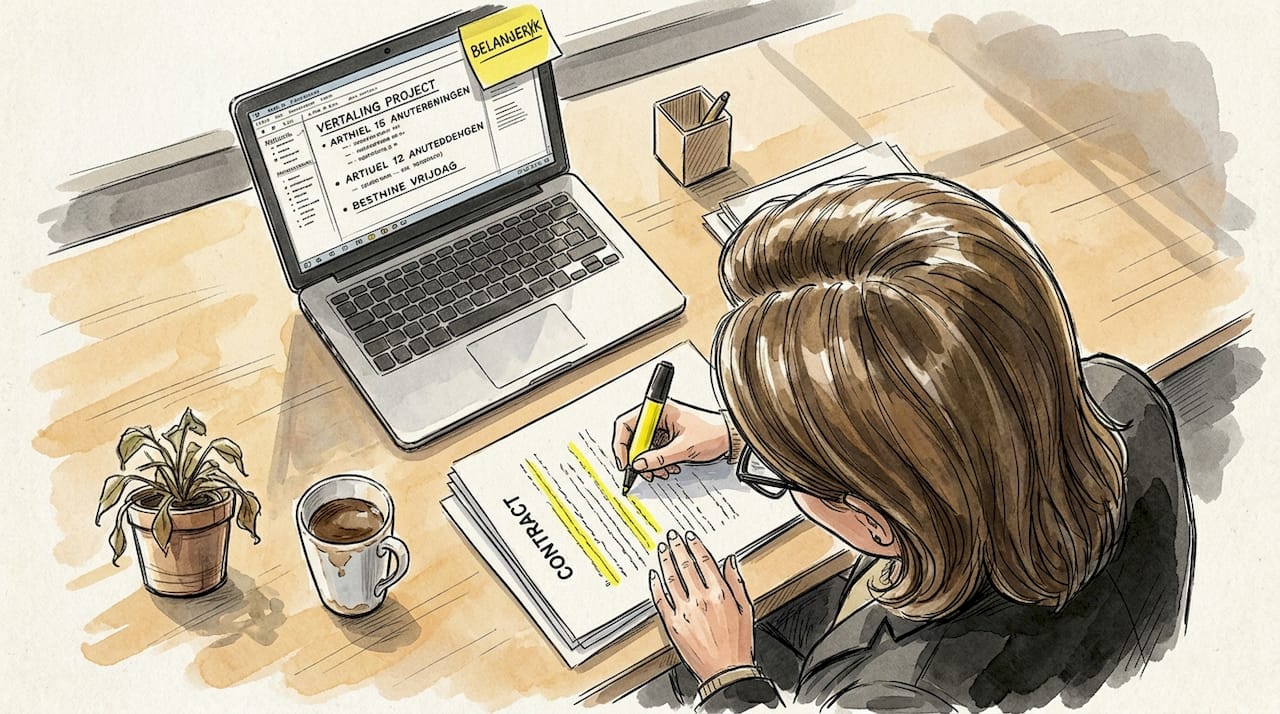 Een juridisch vertaler loopt het contract na aan zijn bureau op kantoor.