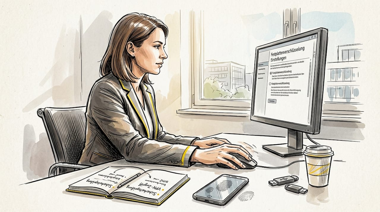 Eine Mitarbeiterin überprüft die IT-Sicherheit an ihrem Arbeitsplatz.