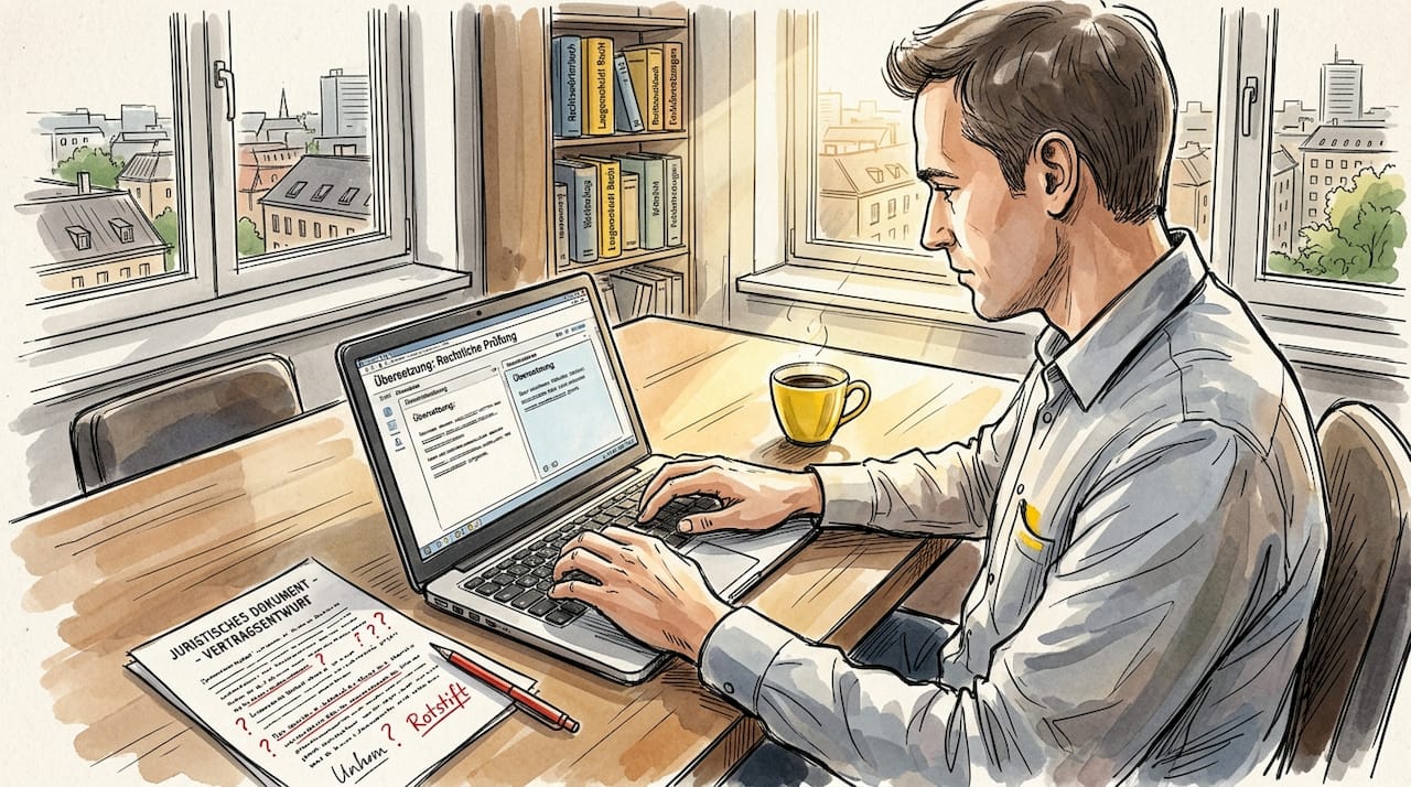 Ein Übersetzer sitzt im Büro und arbeitet konzentriert an seinem Laptop.