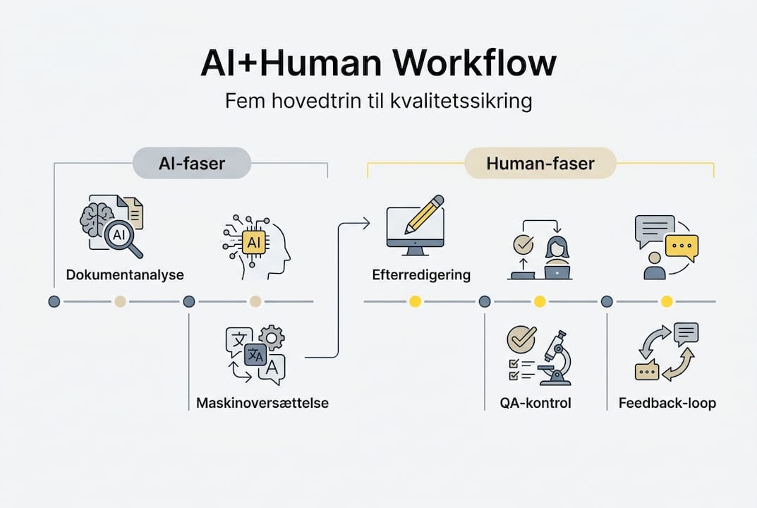 Grafisk oversigt over en arbejdsproces med fem trin, hvor både AI og mennesker spiller en rolle