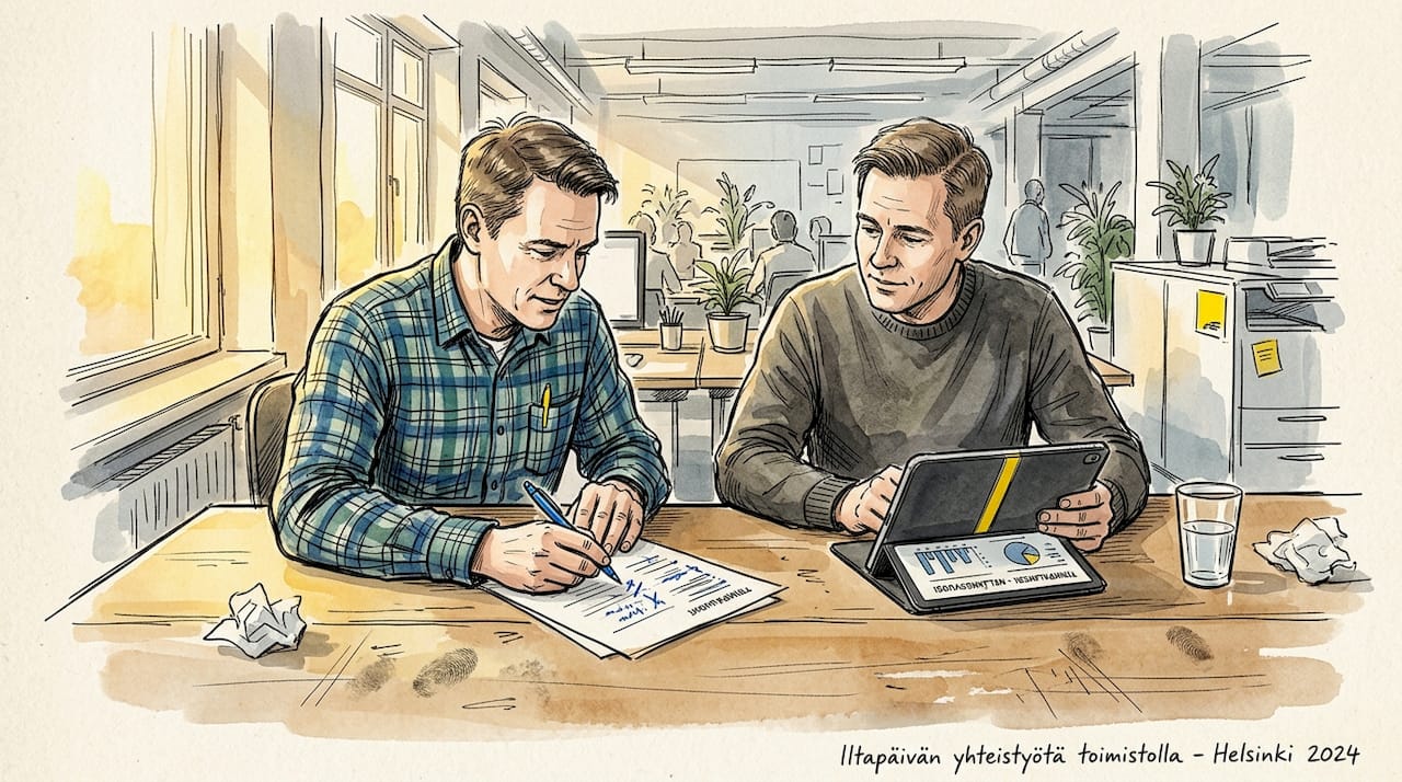 Kaksi työkaveria käy läpi lääketieteellisiä käännöksiä paperilla.