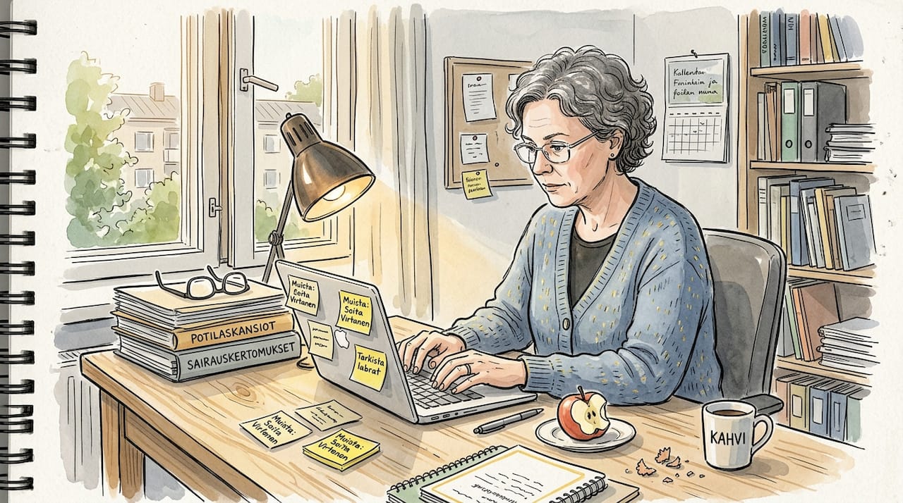 Nainen työskentelee kotitoimistossaan lääketieteellisten asiakirjojen käännösten parissa.