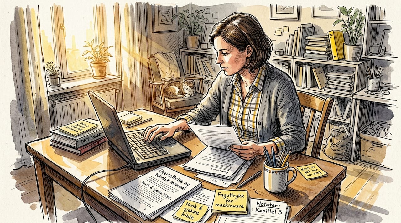 En oversetter starter arbeidsdagen hjemmefra mens morgensola strømmer inn gjennom vinduet.