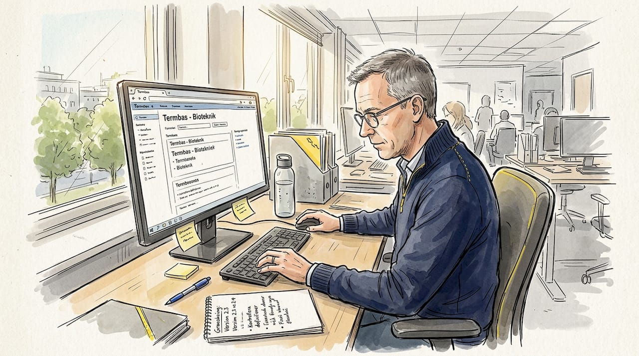 Kvalitetsspecialist granskar termdatabasen och anteckningarna för att säkerställa att allt stämmer